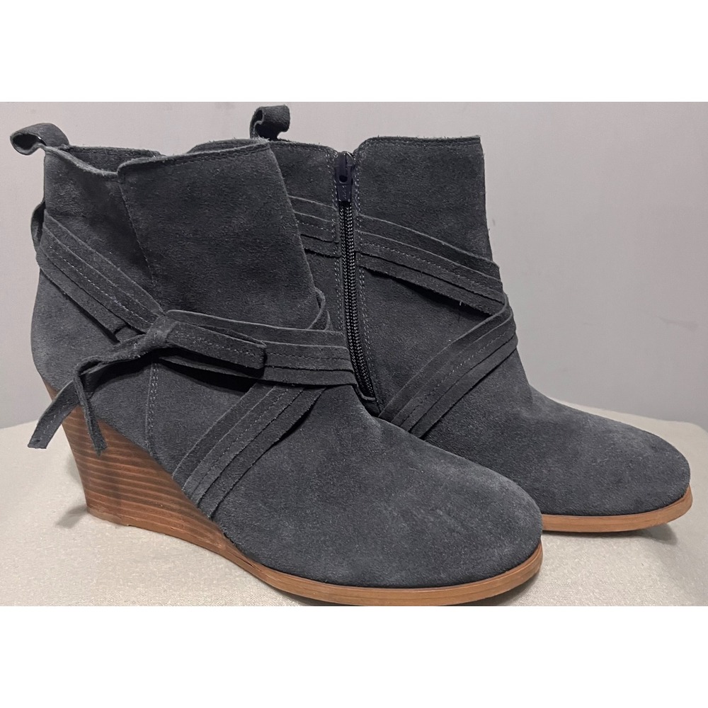 Diba Womens Slate Blue-Gray Suede Wedge Ankle Boots Wrap Tie Detail Size 9.5M